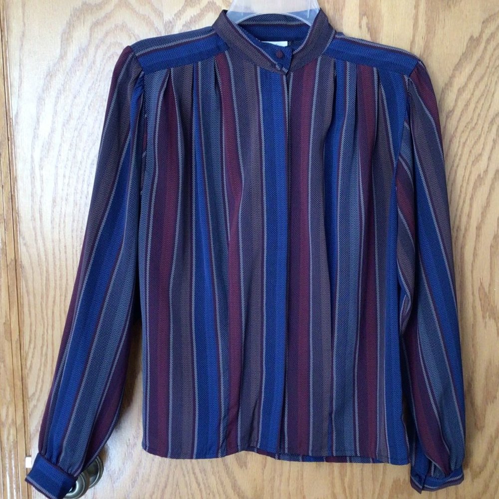 Jennifer - Blue, red, brown and cream vertical striped blouse